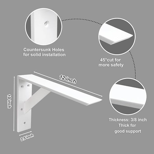 Countertop Support Bracket 12 Inch Heavy Duty Shelf Bracket 2 Pack 3/8" Thick White 12"x10"x2.5" for Granite Quartz Wood Laminate Countertops