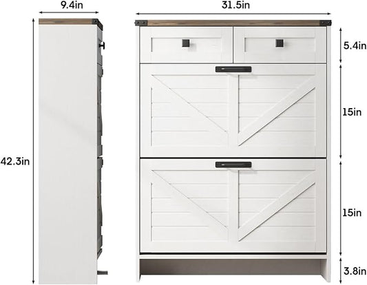Shoe Cabinet with 2 Flip Drawers & 2 Drawers,Farmhouse Shoe Storage Cabinet for Entryway,Slim Freestanding Narrow Organizer Rack for Front Door Entrance,White