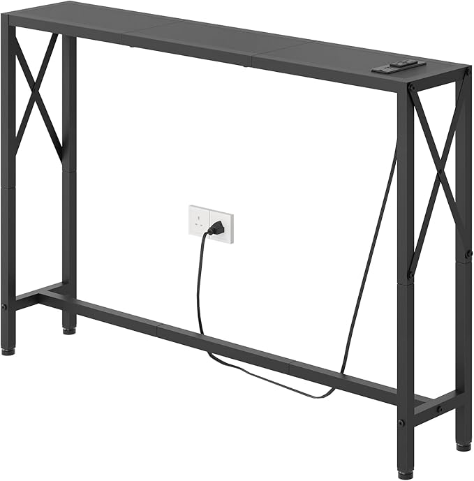 41.7" Console Table with Outlet, Narrow Behind Couch Sofa Table, Industrial Skinny Design for Hallway, Entryway, Living Room, Black