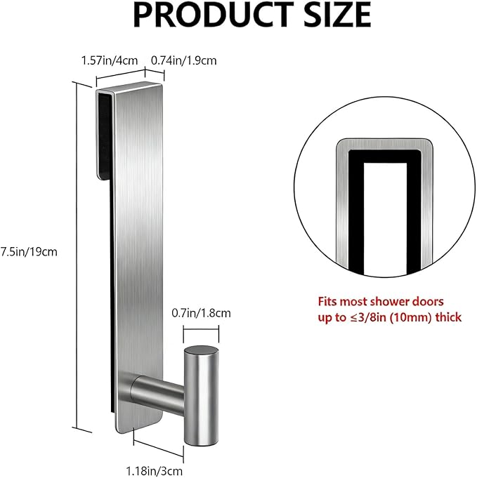 PMMASTO Shower Door Hooks, (7.5 Inch) Extended Towel Hooks for Bathroom Frameless Glass Shower Door, Stainless Steel Heavy Duty Hooks (Silver, T Shape-Fits 3/8" Thick Door)