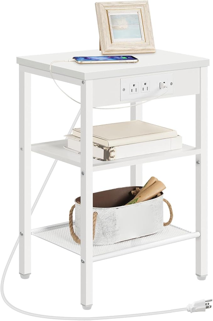 HOOBRO Side Table with Charging Station and USB Port, Small End Table for Small Space, 3-Tier Nightstand with Adjustable Shelf, for Living Room, Bedroom and Balcony, White WW112BZ01