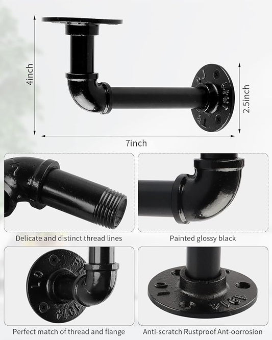 MUZIK Industrial Pipe Shelf Brackets, Wall Mount Floating Shelf Bracket Heavy Duty L Pipe Shelving Brackets for Shelves- Vintage Black Iron Finish DIY Pipe Shelf (7*4 Inch)