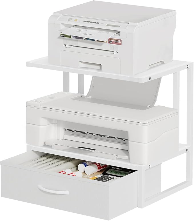 Printer Stand with Storage for Desk, with Fabric Drawer Desktop Printer Stand Shelf Organzier for Home Office, for Above and Under Desk Printer Table, Fax Machine Copier Scanner, White