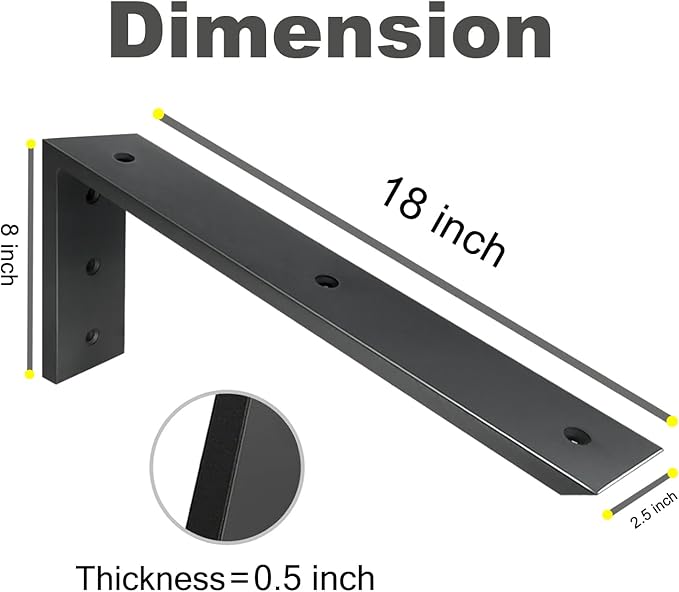 WINKER Countertop Support Bracket 4 Pack Heavy Duty 1/2" Thick Hidden L Shelf Bracket 18" x 8" x 2.5" Metal Corbels for Quartz/Granite/Wood/Concrete/Laminate Countertops, Black