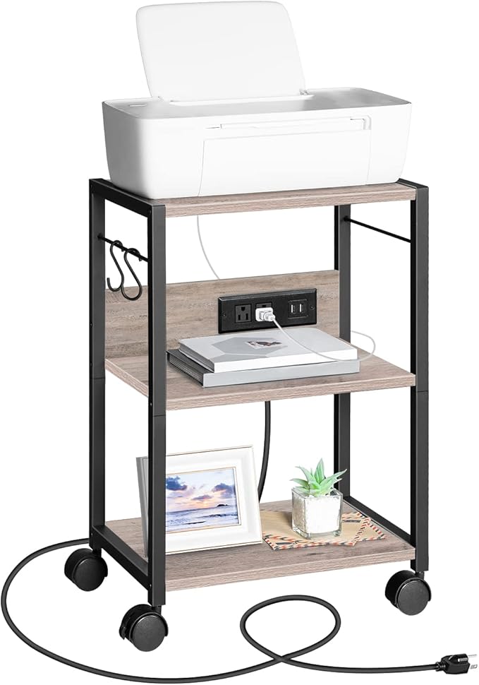 Industrial Printer Cart, 3-Tier Mobile Printer Stand, Rolling Cart with Power Outlets and USB Ports, Home Printer Stand with 2 Hooks, for Office, Living Room, Greige PTHG40E01