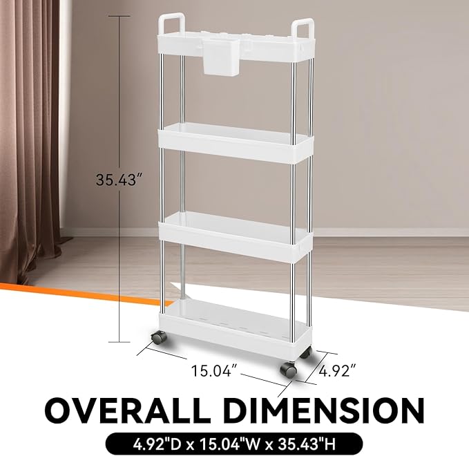 Auto Dynasty 4 Tier Slim Rolling Cart with Handle, Multifunction Utility Storage Rolling Cart, Movable Storage Organizer with Wheels for Office, Bathroom, Kitchen, Narrow Places (White)