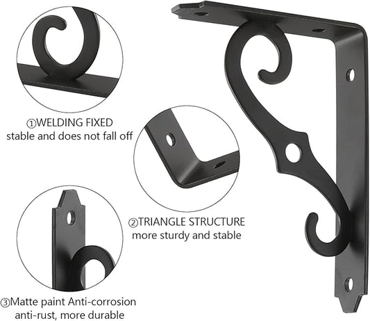 HOME MASTER HARDWARE Decorative Shelf Brackets 5x3-1/2 in Wall Mounted Floating Shelf Bracket L Heavy Duty Support Corner Brace Joint Right Angle Bracket for DIY Open Shelving with Screws Black 2 Pcs