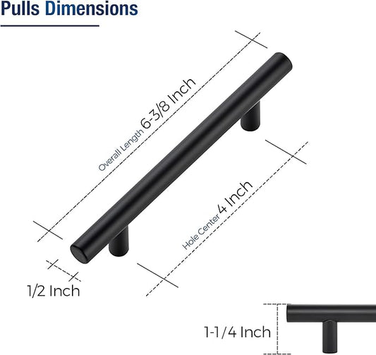 JOY DECOR 60 Pack Cabinet Handles, Black Cabinet Pulls, 4 in Hole Center Kitchen Hardware, Stainless Steel T Bar Handles for Dresser Drawers