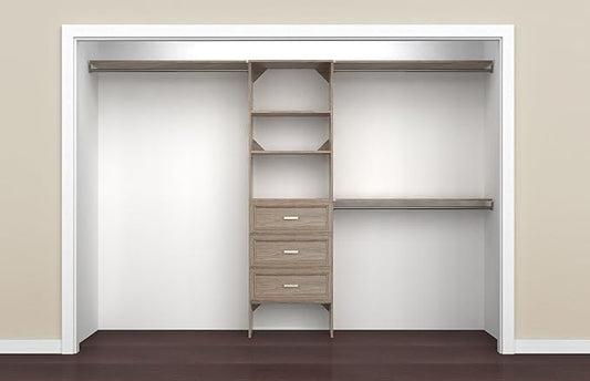 ClosetMaid SuiteSymphony Wood Closet Organizer Kit with Tower, 3 Hang Rods, Top Shelves, 3 Drawers, Adjustable, Fits Spaces 6-10 ft. Wide, Natural Gray