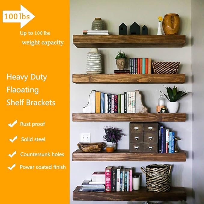 Blind Floating Shelf Brackets 5 Inch - DIY Heavy Duty Wall Shelf Brackets, Solid Steel Matte Black Hidden Support with Hardware for Custom Wood Shelves (6 Pack)