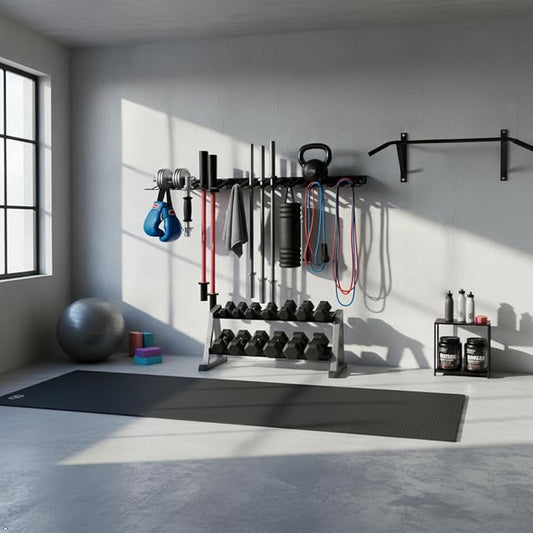 25" Wall Mount Barbell Holder & Tool Organizer, 7L7S Slots Heavy Duty Storage Rack, 300LBS Load 4MM Steel 5MM EVA for Garage Home Gym.