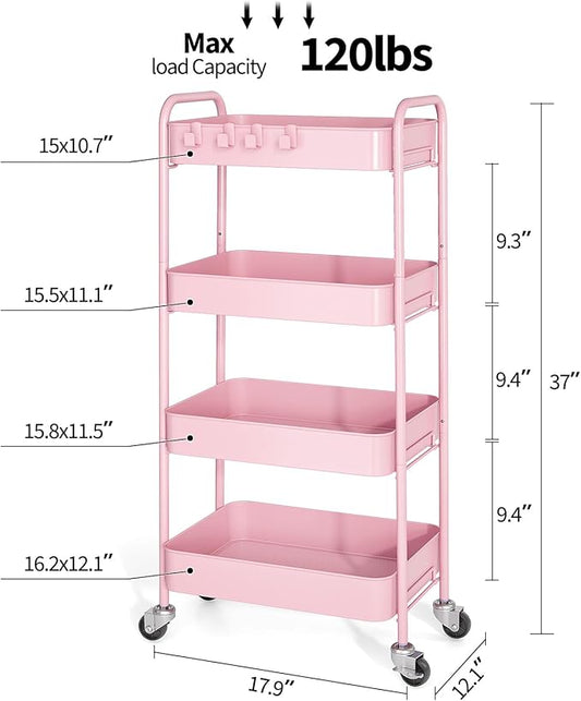 TOOLF 4-Tier Metal Rolling Cart with Wheels, Storage Utility Organizer Cart for Kitchen, Bathroom, Office, Baby Essentials & Makeup - Lockable Casters, Easy Assembly, Large Capacity, Pink