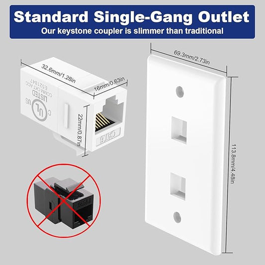 VCE 2-Port Ethernet Wall Plate (UL-Listed), CAT6 Wall Plate and Jack, RJ45 Keystone Wall Outlet with Single Gang Low Voltage Mounting Bracket, White 2-Pack
