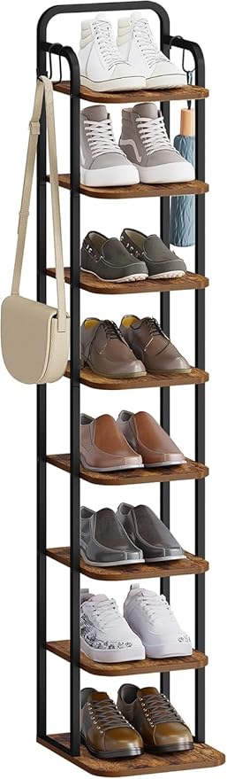8 Tiers Vertical Shoe Rack, Narrow Shoe Tower, Tall Shoes Shelf with 2 Hooks, Adjustable Shelves, Corner Shoes Shelves for Small Spaces, Entryway, Living Room, Rustic Brown SR04301B