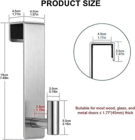 PMMASTO 2-Pack Over The Door Hooks - Rustproof Stainless Steel Door Hangers for 1-3/4 Inch Doors, Non-Marking and Tool-Free Easy Install (Silver, T Shape-Fits 1-3/4" Thick Door)