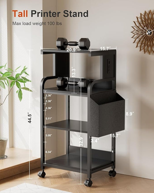 Tall Printer Stand with Storage Adjustable Shelf and Bag, 4-Tier Large Printer Table with Charging Station for Home Office, Printers Cart with Wheels for 3D Shredder Scanner Fax (Black)