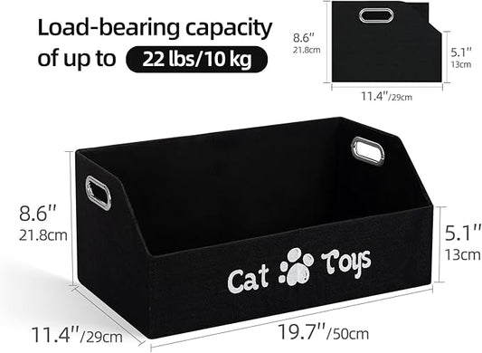 Cat Toy Basket, Kitten Toys Storage Organizer Foldable Fabric Bin Pet Supplies Chest Holder Trapezoid Container with Metal Handles for Organizing Cats Clothes Accessories, Black