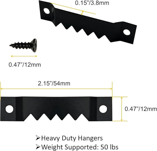 50 Pack Large Heavy Sawtooth Picture Hangers Steel Picture Hangers with Screws Picture Hang Solutions, for Hanging Clock Paintings Artwork Picture Frame Hook Photos (Black,Supports 50 lbs)