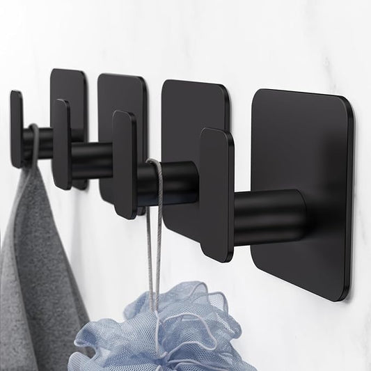 Black Hooks for Hanging Heavy Duty, Adhesive Hooks for Shower, Bathroom, Kitchen, Robe, Towel, Coat, Waterproof & Rustproof Hook for Walls No Damage, Sticky Wall Towel Hooks - 4 Pack