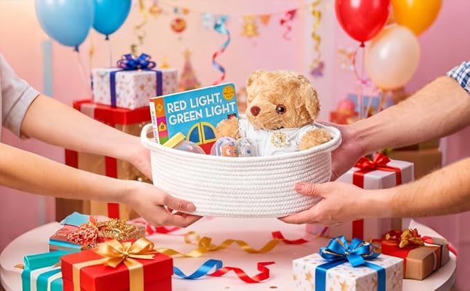 Gift Basket Empty, Small Woven Storage Basket with Gift Bags & Ribbons, Cotton Rope Room Shelf Storage Basket with Handle for Organizer Nursery Bins or Baby Shower 12" x 8" x 5" (White, 3 Pack)
