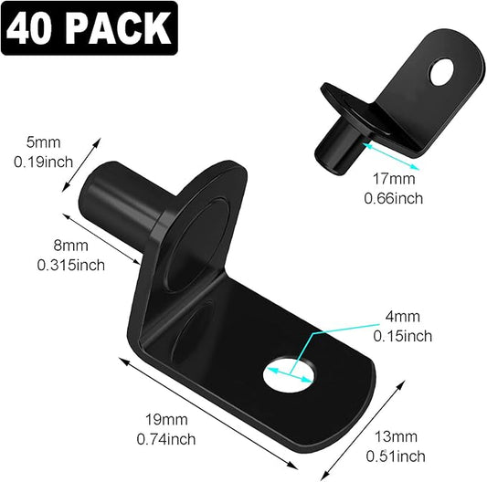 Shelf Support Pegs, 40 Pcs L-Shaped Black Steel Cabinet Shelf Brackets with Hole, 5mm Diameter, for Bookcase, Kitchen, Closet Shelves