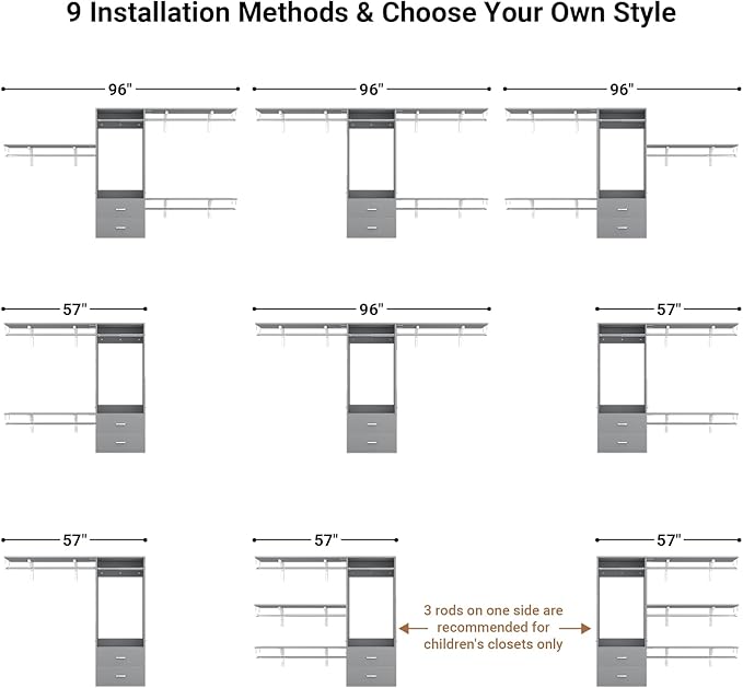 Wood Closet System, 4-8ft Closet Organizer System with 2 Wooden Drawers, Walk-in Wardrobe Clothes Rack with 4 Hanging Rods for Bedroom,Living Room,Grey