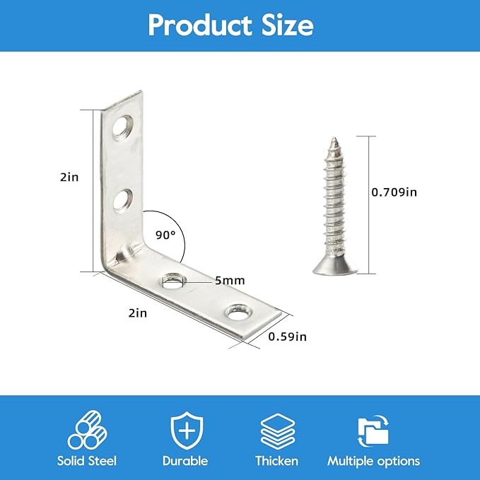HOME MASTER HARDWARE 40pcs L Bracket Corner Brace Sets, Stainless Steel Corner Bracket, 2 inch Joint Right Angle Brackets with Screws for Shelves Wood Furniture Frame