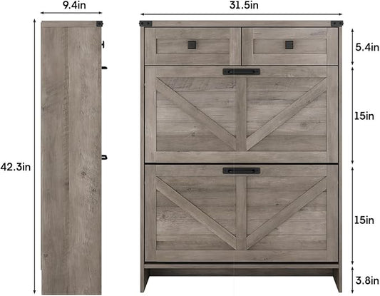 Shoe Cabinet with 2 Flip Drawers & 2 Drawers,Farmhouse Shoe Storage Cabinet for Entryway,Slim Freestanding Narrow Organizer Rack for Front Door Entrance,Grey