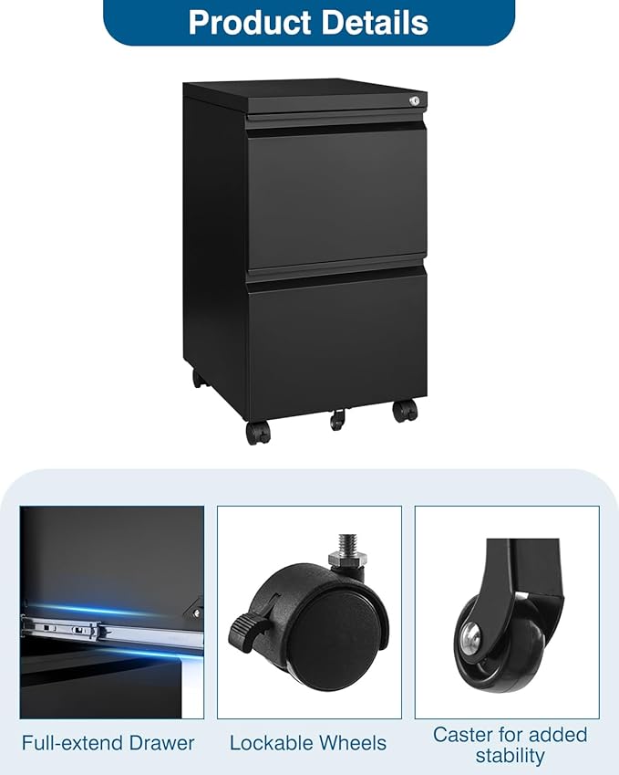 2 Drawer File Cabinet with Lock, Metal Under Desk Rolling Filing Cabinet fits Letter/Legal/A4 Size for Home Office, Mobile Filing Cabinets, Assemble Required, Black