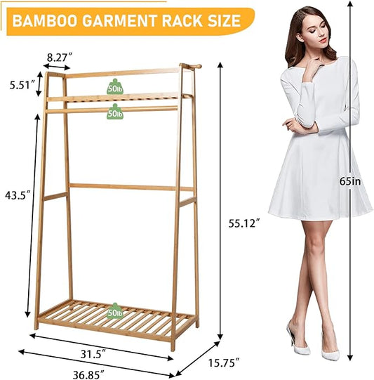 Bamboo Clothing Garment Rack 2 Tier Storage Shelf Coat Clothes Hanging Rack, Portable Wardrobe Closet Organizer With Top Shelf, Shoe Storage Shelves for Bedroom (Natural - 31.5 in)