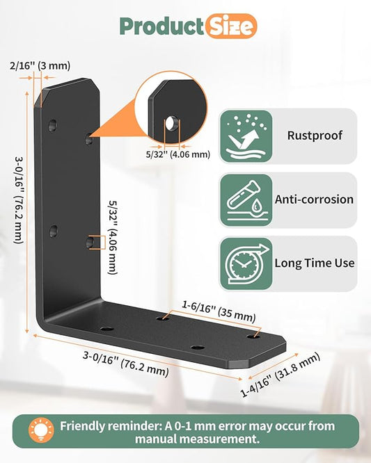 3"x3" L Brackets, 90 Degree Angle Iron, Heavy Duty Steel Corner Brace for Wood Shelves, Post, Floating Shelves, Desk (Black-8 Pcs)