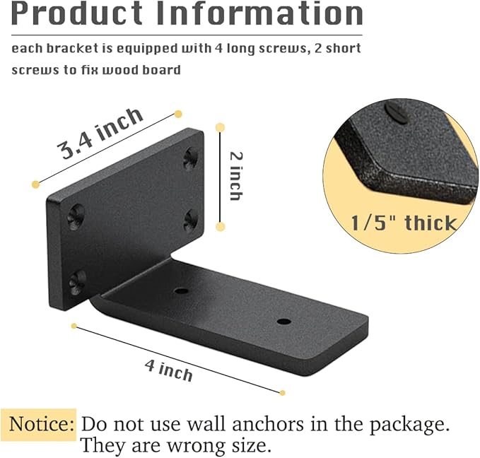 4 Pack Shelf Brackets 4 Inch Floating Shelf Bracket 1/5 inch Thick Heavy Duty Hidden Shelf Brackets Iron Metal Brackets for Shelf Support with Screw Included