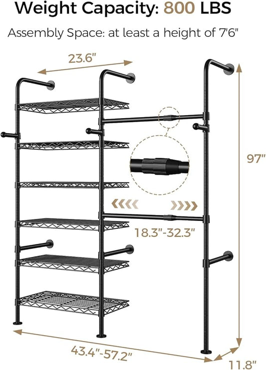 Closet Organizers and Storage, 2-Row Heavy Duty Garment Rack Clothes Rack for Hanging Clothes, Wall Mounted Closet System with 2 Telescopic Rods, 3 Hooks, 6 Shelves for Wardrobe, Bedroom, Small Space