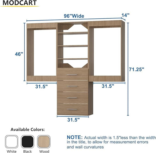 Modular Closet, 96" Wide Organizer with Hanging and Drawers, Wood Tower for Walk-In Closets, Wall-Mounted Organizer Kit