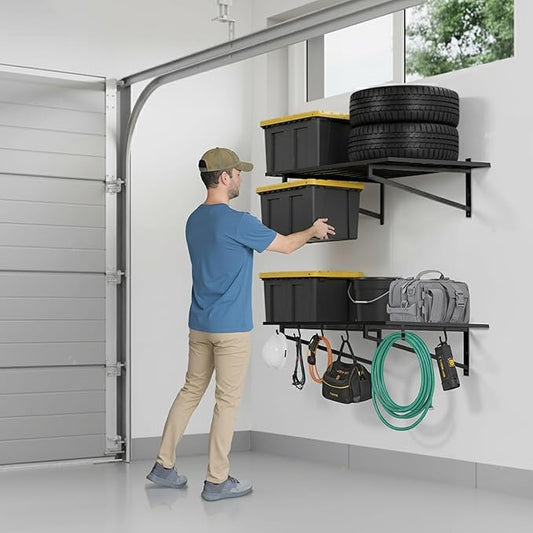 2-Pack Heavy Duty Garage Wall Shelves, 2' x 4' Powder-Coated Alloy Steel Storage Rack with 6 Utility Hooks, 500 lbs Total Capacity, Rust-Resistant Floating Shelving for Bins, Tools & Camping Gear