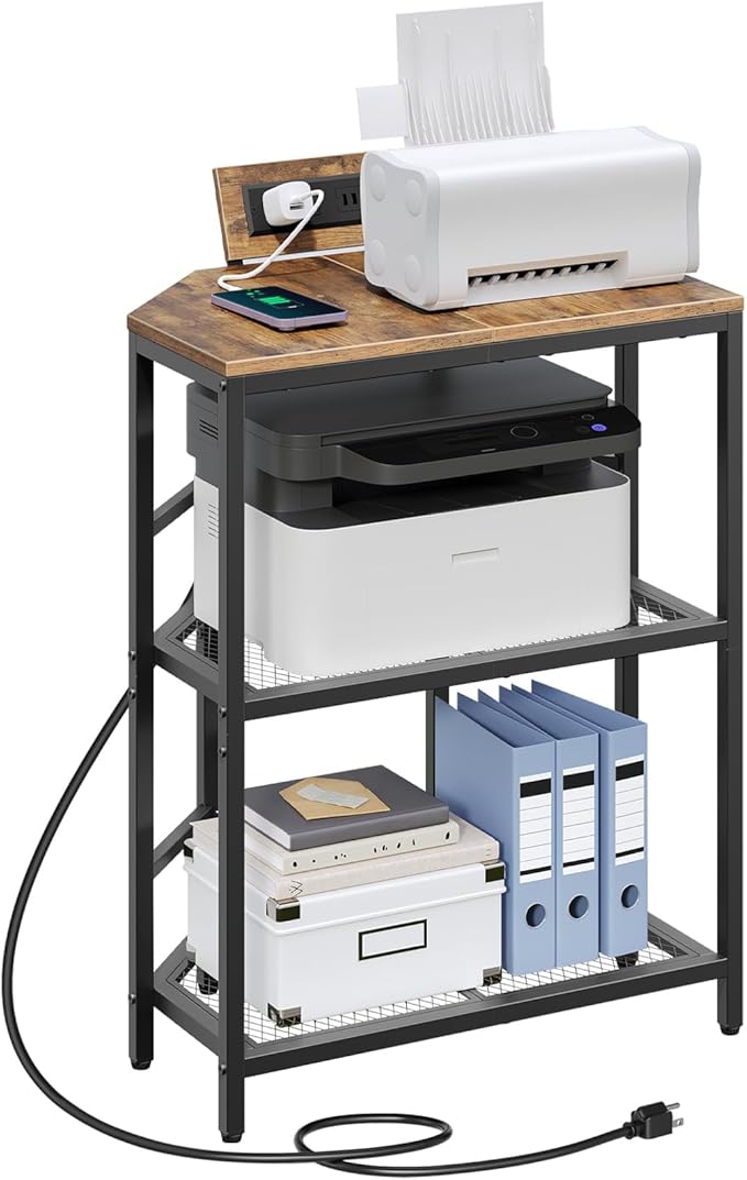 Corner Printer Stand with Charging Station, 3-Tier Large Printer Table with Adjustable Feet, Metal Frame Storage Shelf for Office, Living Room, Small Space, Rustic Brown PTHR14E01