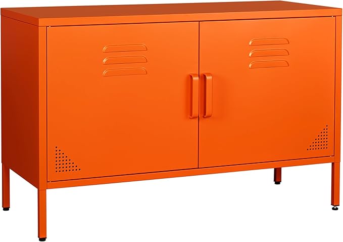 Orange Metal Storage Cabinet with 2 Doors and Adjustable Shelves, Multipurpose Metal Locker Accent Cabinet, 25" H TV Stand, Media Cabinet for Home, Office, Living Room,Kitchen, Music Studio