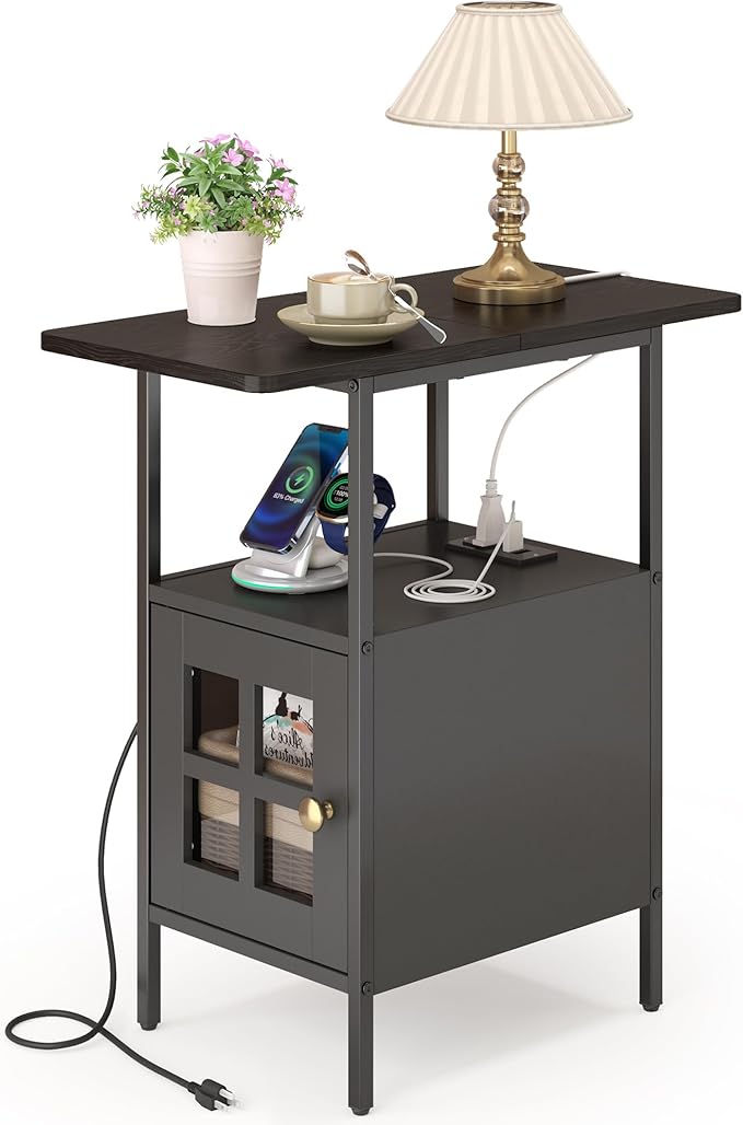 Farmhouse Narrow Side Table with Charging Station - 3-Tier End Table with USB & Outlets Compact Bedside Storage Table for Small Spaces, Multi-Functional Accent Table for Couch Corner Entryway Black