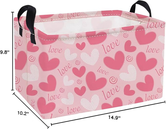 Essme Rectangular Valentine's Day Basket,Pink Heart Storage Bins Organizer with Handles for Girls Room Decor, Gift Basket,Shelf Basket.(Pink love heart)