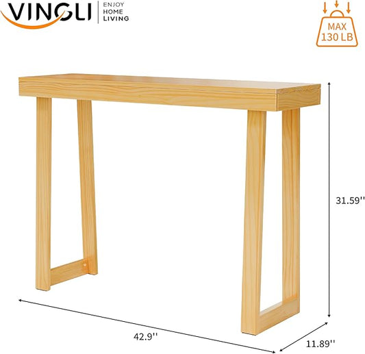 VINGLI 42.9" Entryway Table, Solid Wood Console Table, Narrow Sofa Table Behind Couch, Thin, for Living Room, Entrance, Hallway, Foyer, Bedroom, Office, Natural Wood
