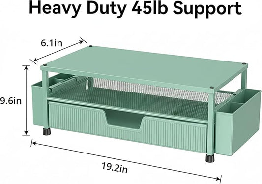 Desk Organizer and Accessories, 2-Tier Computer Monitor Stand Rise with Storage Drawer & 2 Pen Holders, Laptop & Printer Stand for Desktop, Workspace Organizers for Office Supplies (Green)