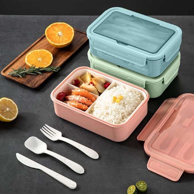 NatraProw Bento Box for Adult, 1400 ML Lunch Containers for Adults, LeakProof Lunch Box with Utensils, BPA Free, 3 Compartment Bento Box Microwave Safe, Light Pink