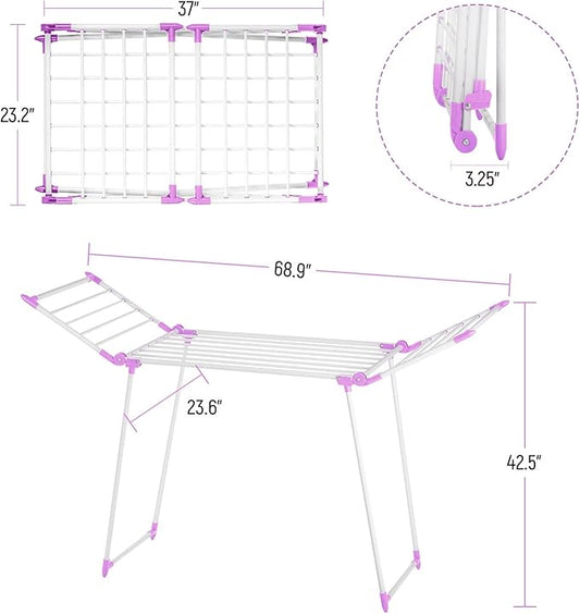 Clothes Drying Rack, Gullwing Laundry Rack, Collapsible, Space-Saving Laundry Rack, with Bonus Sock Clips, for Clothes, Towels, Linens, Indoor/Outdoor, Purple