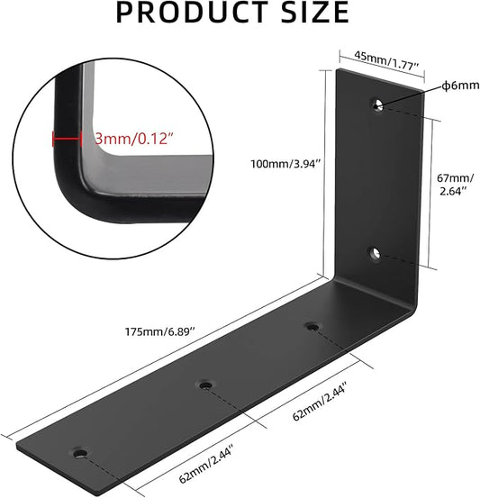 YUMORE Black Shelf Bracket, 7 Inch L Brackets Heavy Duty, Stainless Steel Shelf Supports Wall Mounted for Floating Shelves, Includes Hardware, 4 Pack