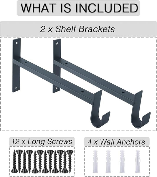 OVOV Closet Rod Bracket Heavy Duty 13 Inch Closet Shelf Brackets with Rod Holder Black Wall Mounted Closet Rod Support Brackets with Hook (2 Pack)