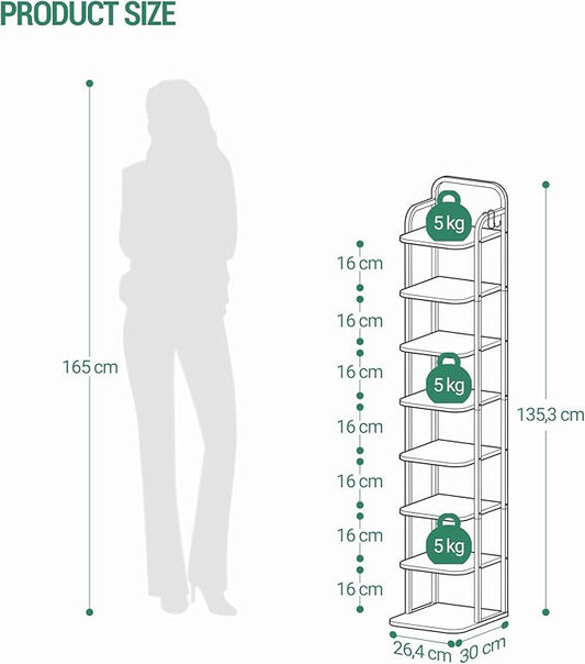 8 Tiers Vertical Shoe Rack, Narrow Shoe Tower, Tall Shoes Shelf with 2 Hooks, Adjustable Shelves, Corner Shoes Shelves for Small Spaces, Entryway, Living Room, White SR04313W