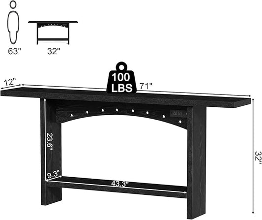 71" Console Table with Charging Station, Farmhouse Entryway Table, Entryway Table with Storage for Living Room or Foyer, Sofa Table for Hallway with Anti-Tip, Easy Assembly, Black