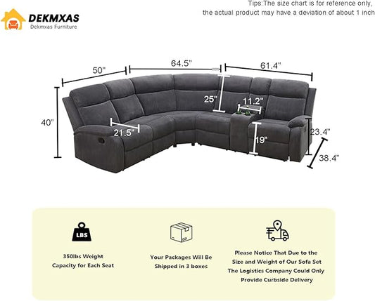 Living Room Furniture Sets, Grey Corduroy Sectional Manual Reclining Sofa Set with 2 Recliner Seats, 3PCS Recliner Secitonal Sofa with Cup Holders, Storage Console for Living Room, Office
