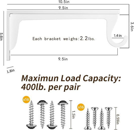10 inch Closet Rod Bracket Support 400lb WYGWP Heavy Duty Closet Shelfs Support with Rod Holders, Wall Mounted Shelf Shelving Brackets with Hook for Wardrobe Walk-in Closet and Armoire(4pack White )