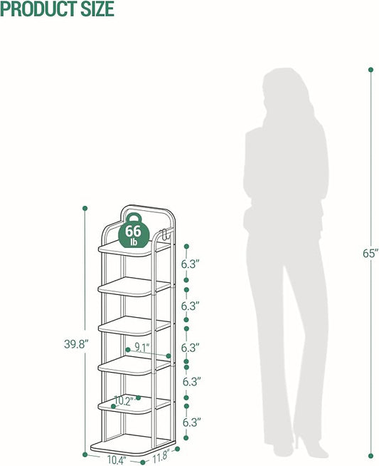 6 Tiers Vertical Shoe Rack, Narrow Shoe Tower, Tall Shoes Shelf with 2 Hooks, Adjustable Shelves, Corner Shoes Shelves for Small Spaces, Entryway, Living Room, White SR04213W